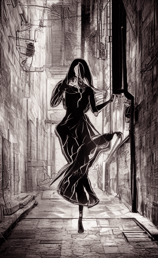 AI generated: design mysterious scene in which a women can be seen diappearing or fainting like smoke from a close...