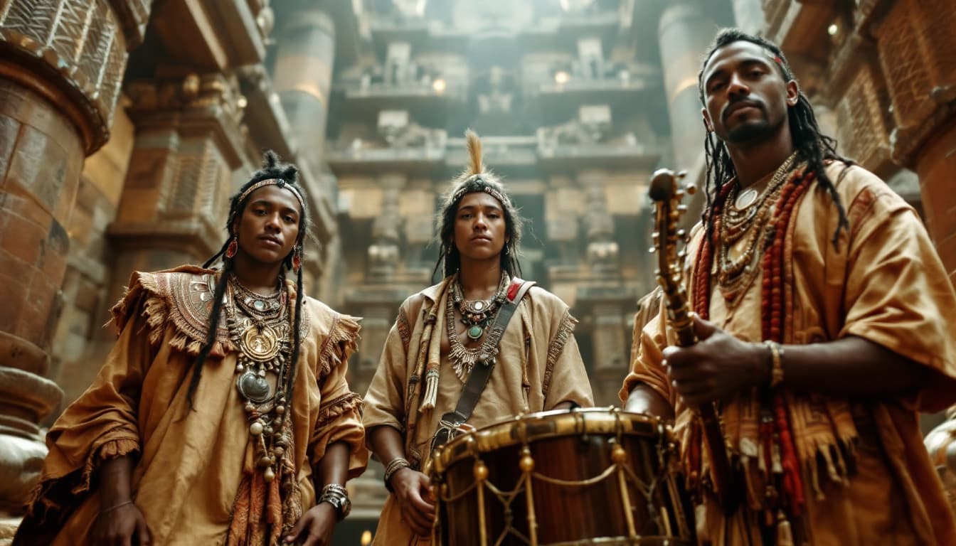AI generated: The Trio of Sound – A Sacred Performance in the Ancient Temple (Front-Facing Medium Close-Up, Shallo...