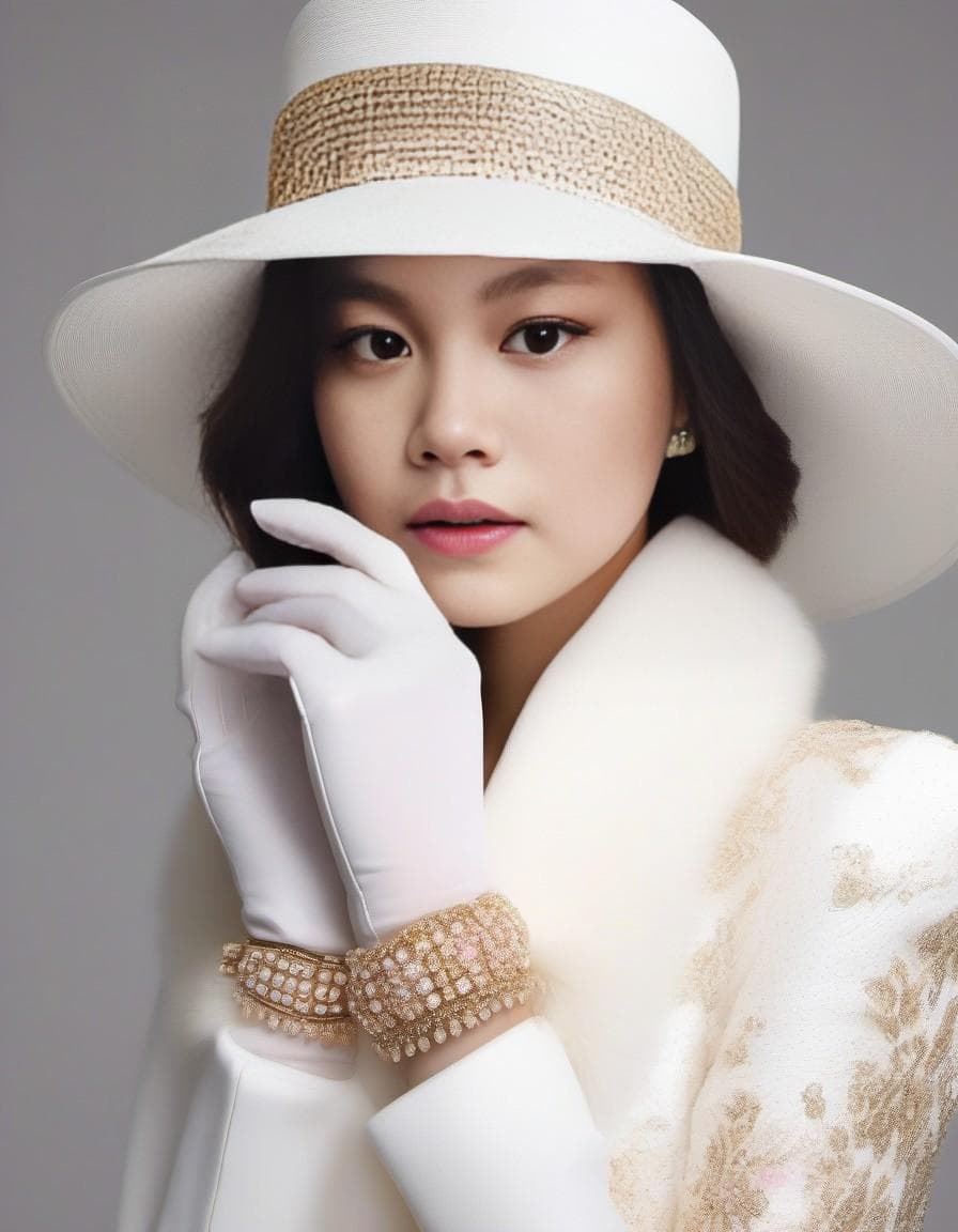 AI generated: Model wearing a luxury white hat and gloves with gold and diamonds, the face is hidden in the style ...