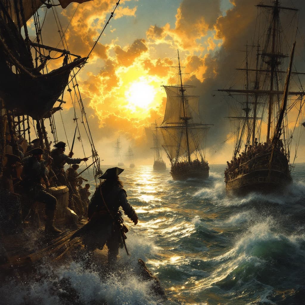 AI generated: create a picture With a scene having Pirates on a ship preparing for battle as they are being attack...