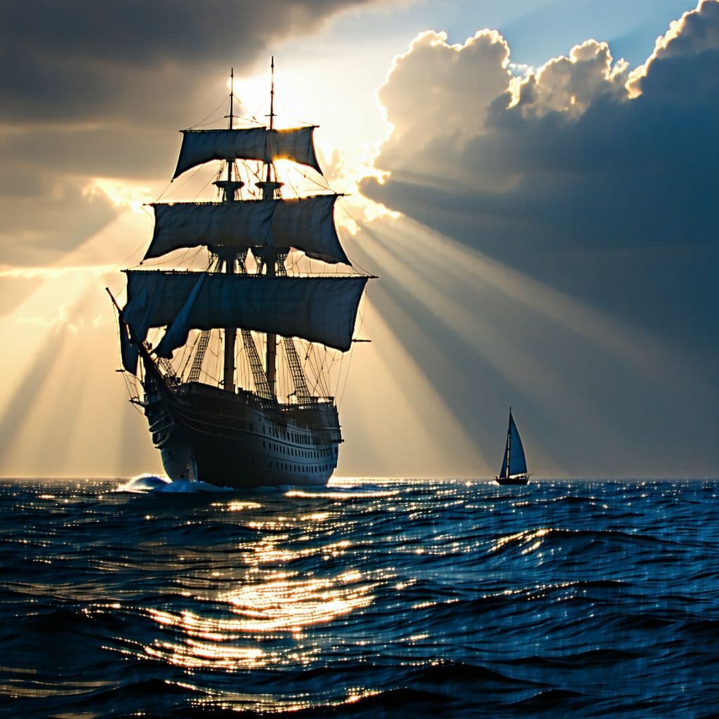 AI generated: Photo of a ultra realistic sailing ship, dramatic light, pale sunrise, cinematic lighting, battered,...