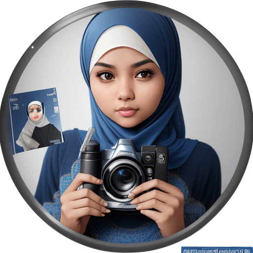 AI generated: A realistic PHOTO of a beautiful Malay girl wearing a hijab shows "FOTO". wearing a BLUE sweater, ho...