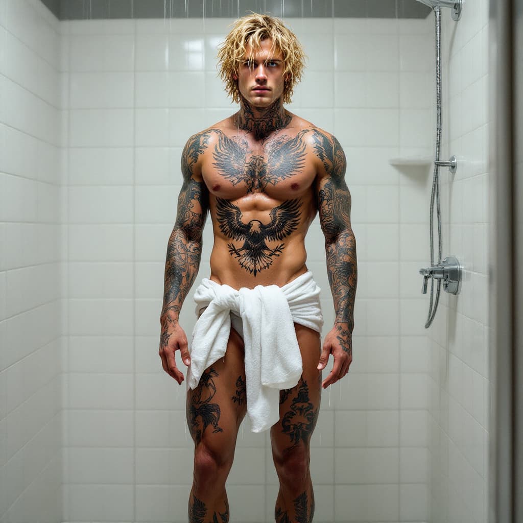 AI generated: Full body view, tall toned jock, blue eyes, wavy blond messy hair, lots of tattoos, eagle chest tatt...