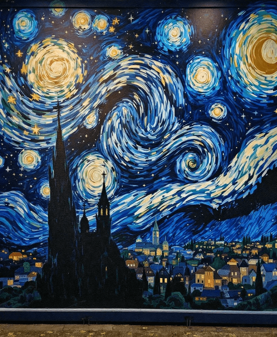 AI generated: In this mural, Van Gogh's "Starry Night" is given new life. The dark blue night sky is like a deep o...