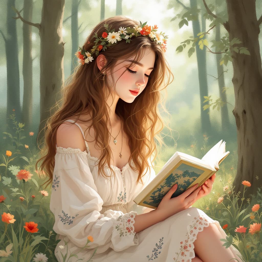 AI generated: a Boho Chic young girl is reading at forest, pale white skin, light brown hair,  fashion illustratio...