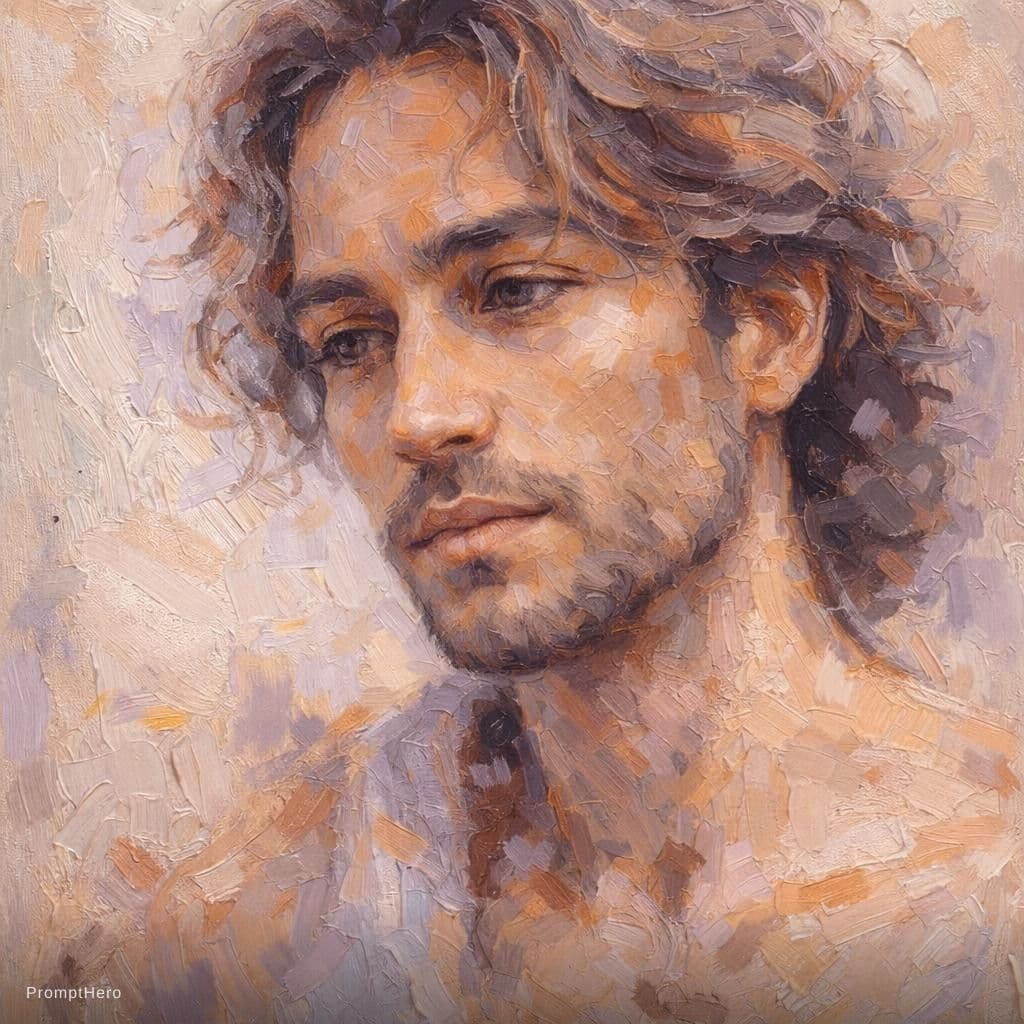 AI generated: abstract portrait of a man with an emphasis on thick, impasto-style brushstrokes and a rich, tactile...
