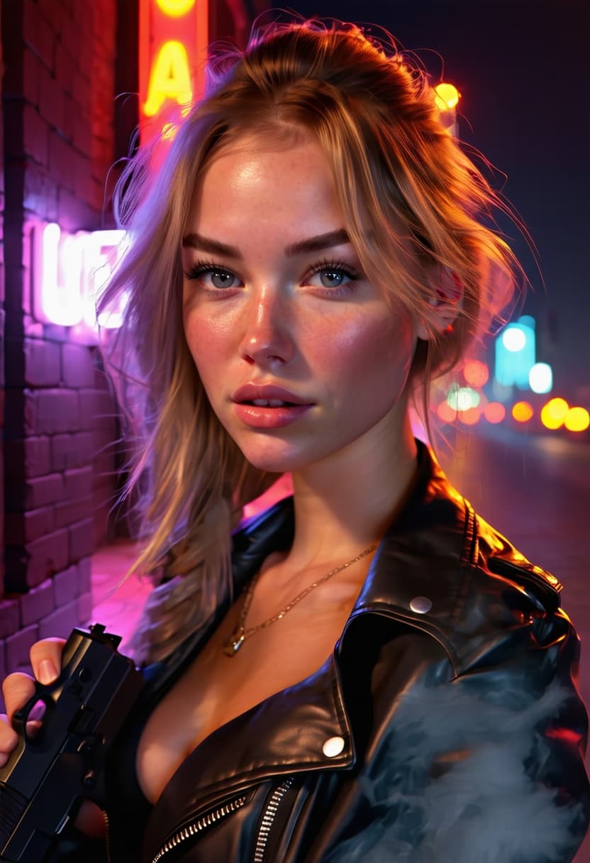 AI generated: white girl,beauteful girl with gun, full body, Hight Quality, New York neon,cyberpunk, night, beaute...