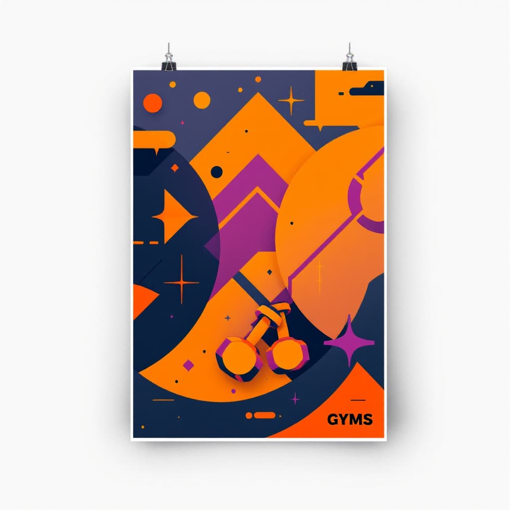 AI generated:  poster, orange and purple, gym, weights, dumbbells, geometric shapes
