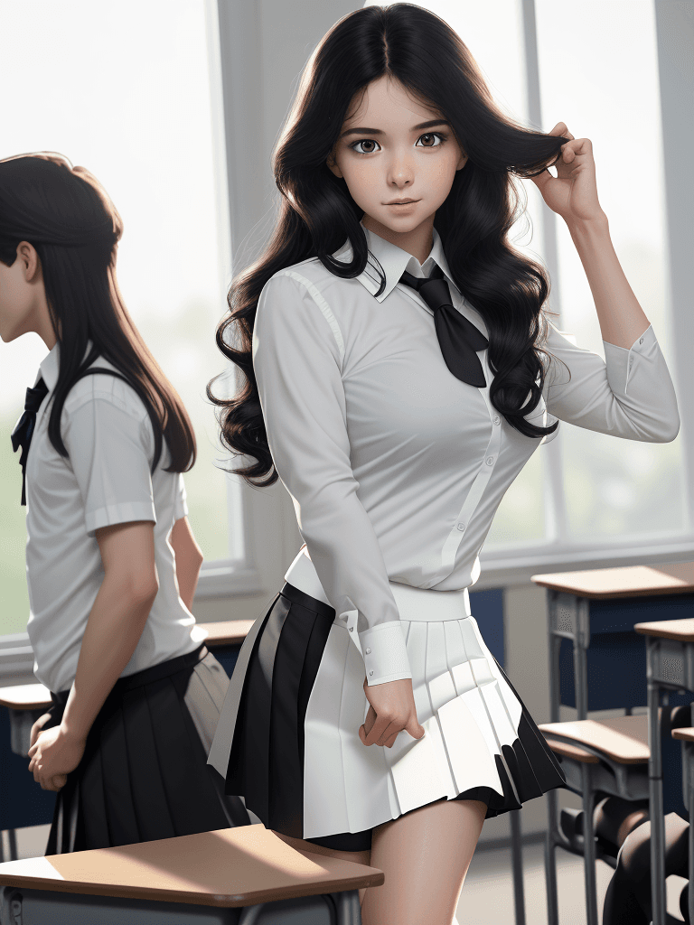 AI generated: A panoramic view of a classroom, gorgeous teacher with class of young boys, white blouse, short blac...