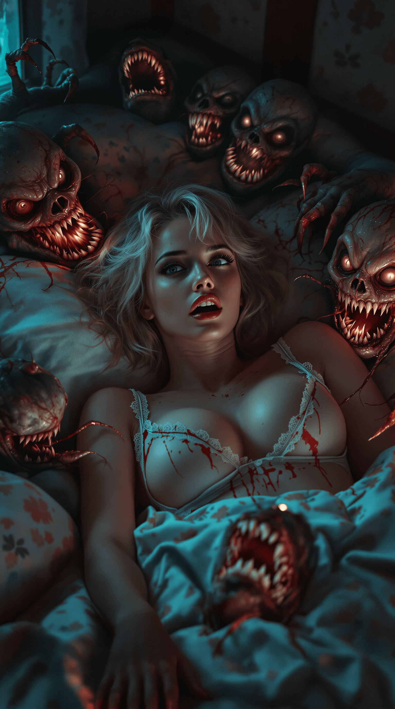 AI generated: a hyperreal, dynamic, horror-inspired image in the style of Tom Bagshaw, featuring an attractive wom...