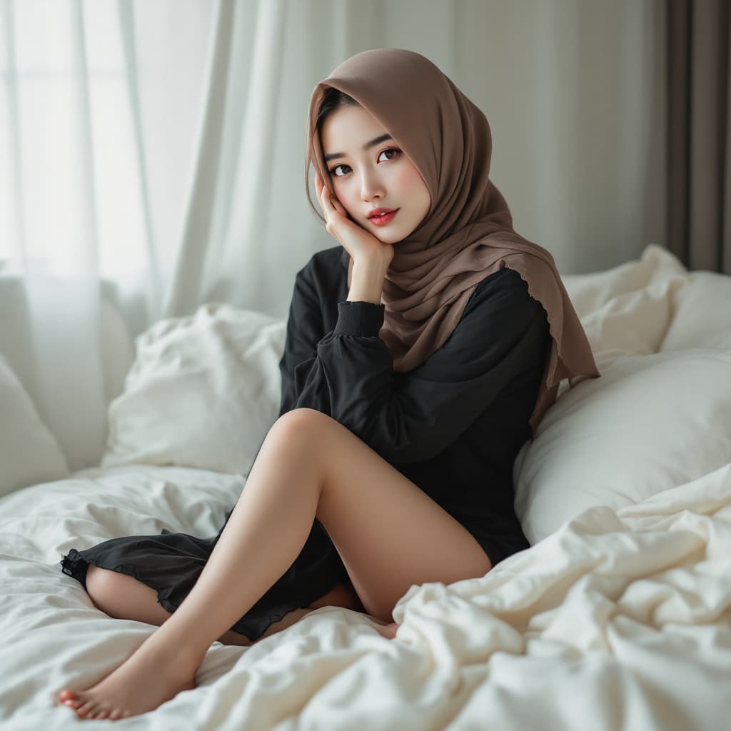 AI generated: Realistic, Asian hijab girl ,15 years old ,transparant body stocking ,nude ,full body ,sit ,in bed 