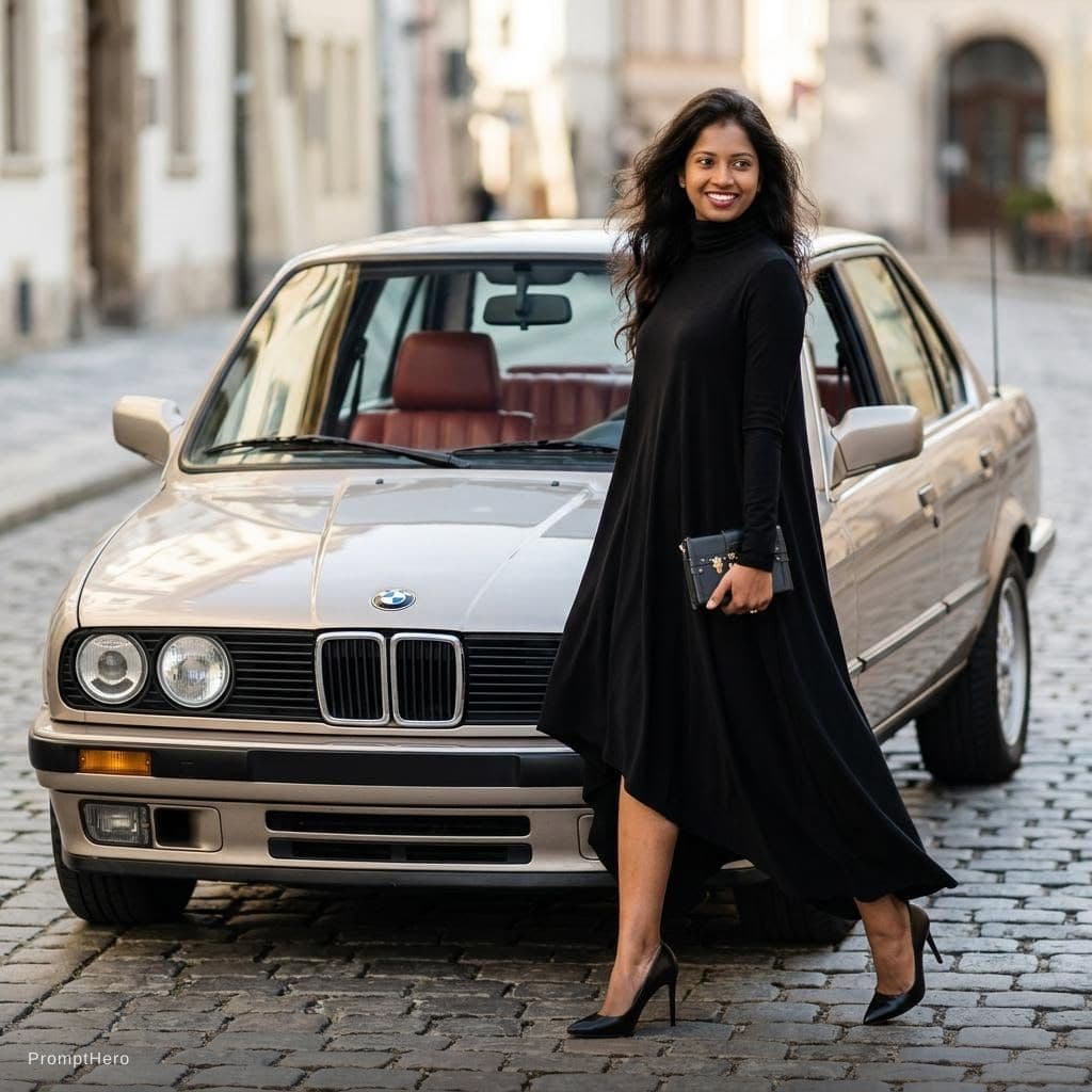 AI generated: High-fashion editorial photography, a tall model standing confidently in front of a vintage BMW car ...