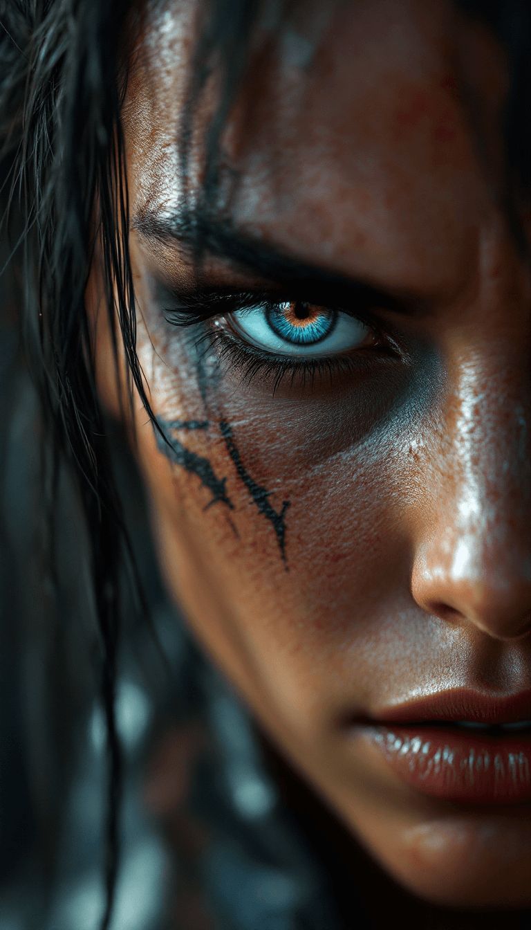 AI generated: 3d image of macroview of a fighter woman, in the dystopian age,samurai makeup , photorealistic detai...