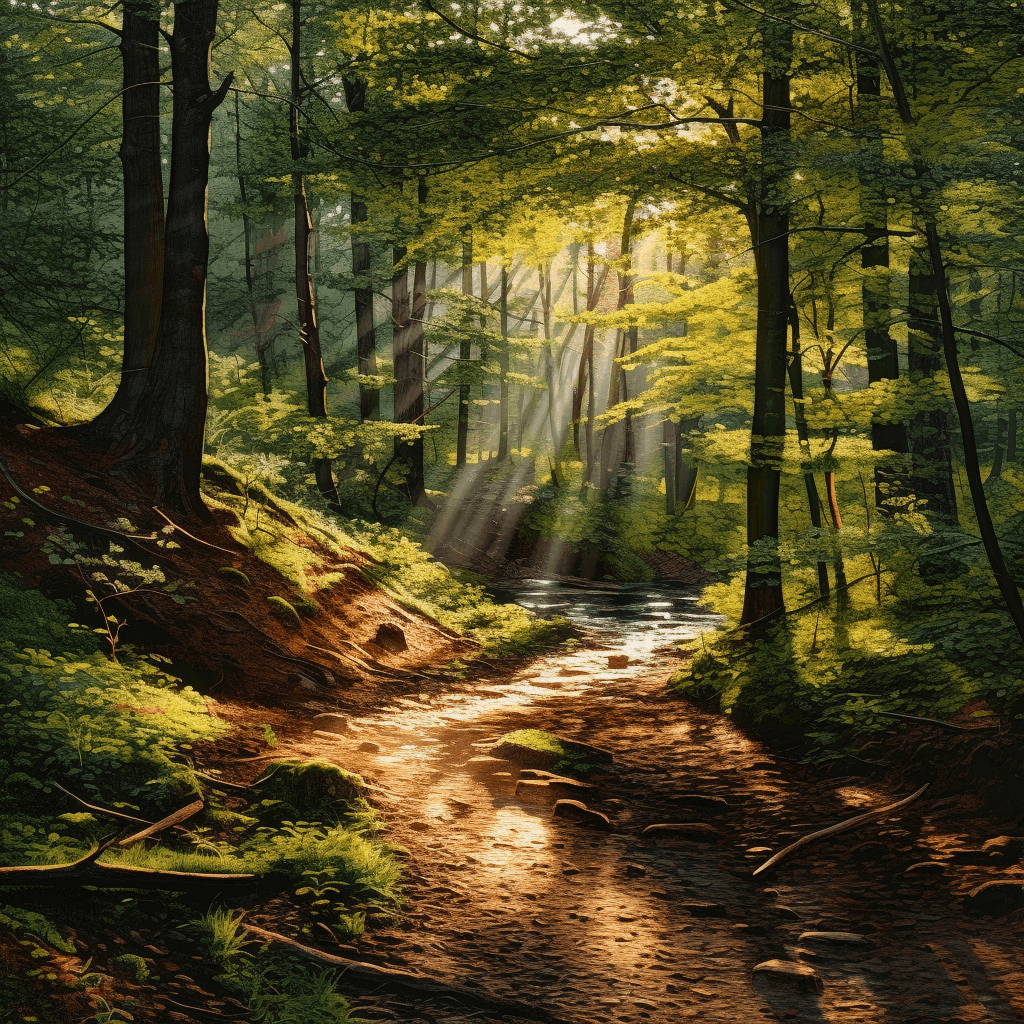 AI generated: photo of just rays of the sun (no sun visible) make their way from above throuhg the foliage of tree...