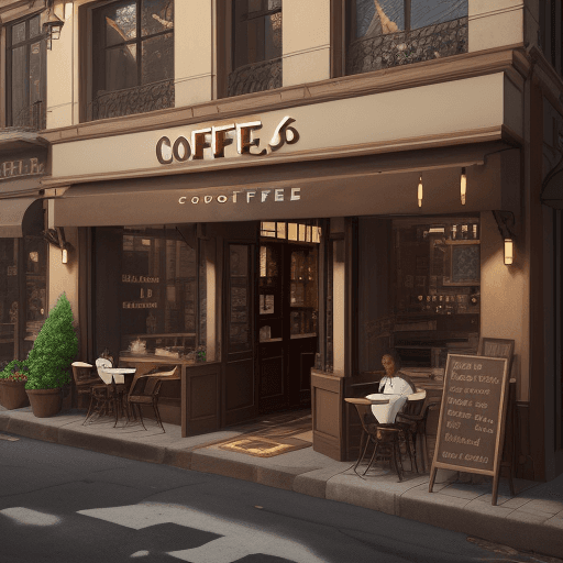 AI generated: Photography of a coffe shop,coffe spilled over the building architecture exterior cover brown color,...