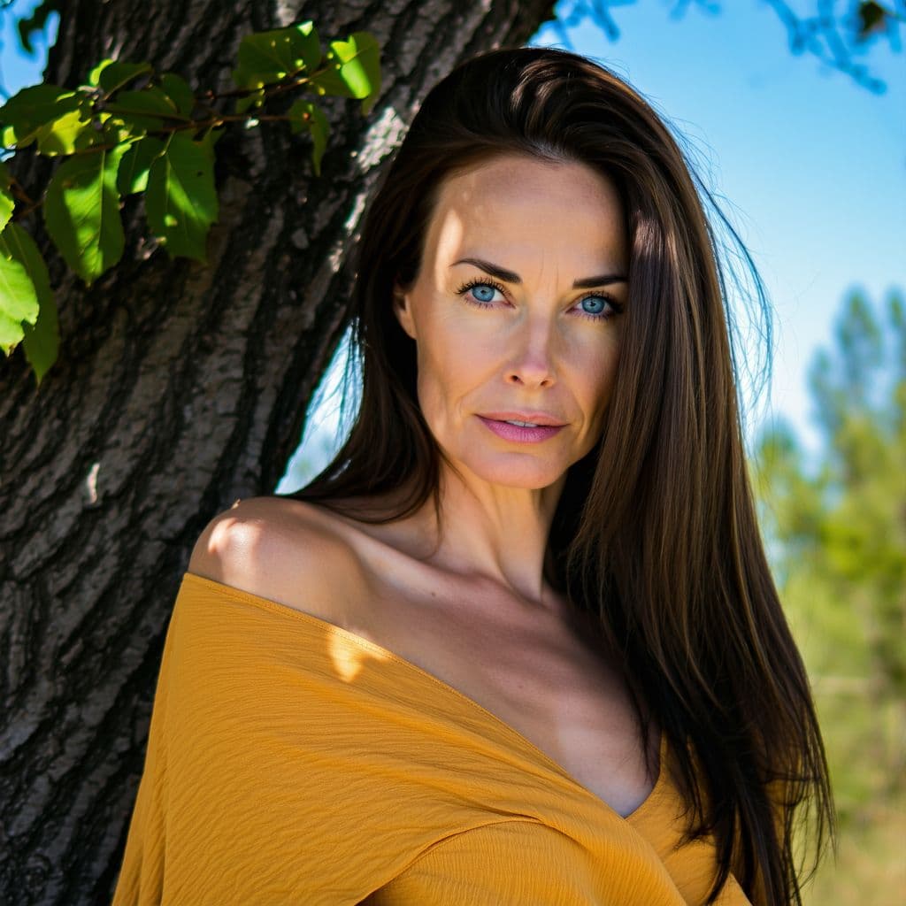 AI generated: A woman with long brunette hair and striking blue eyes is the focal point. She's wearing a mustard y...