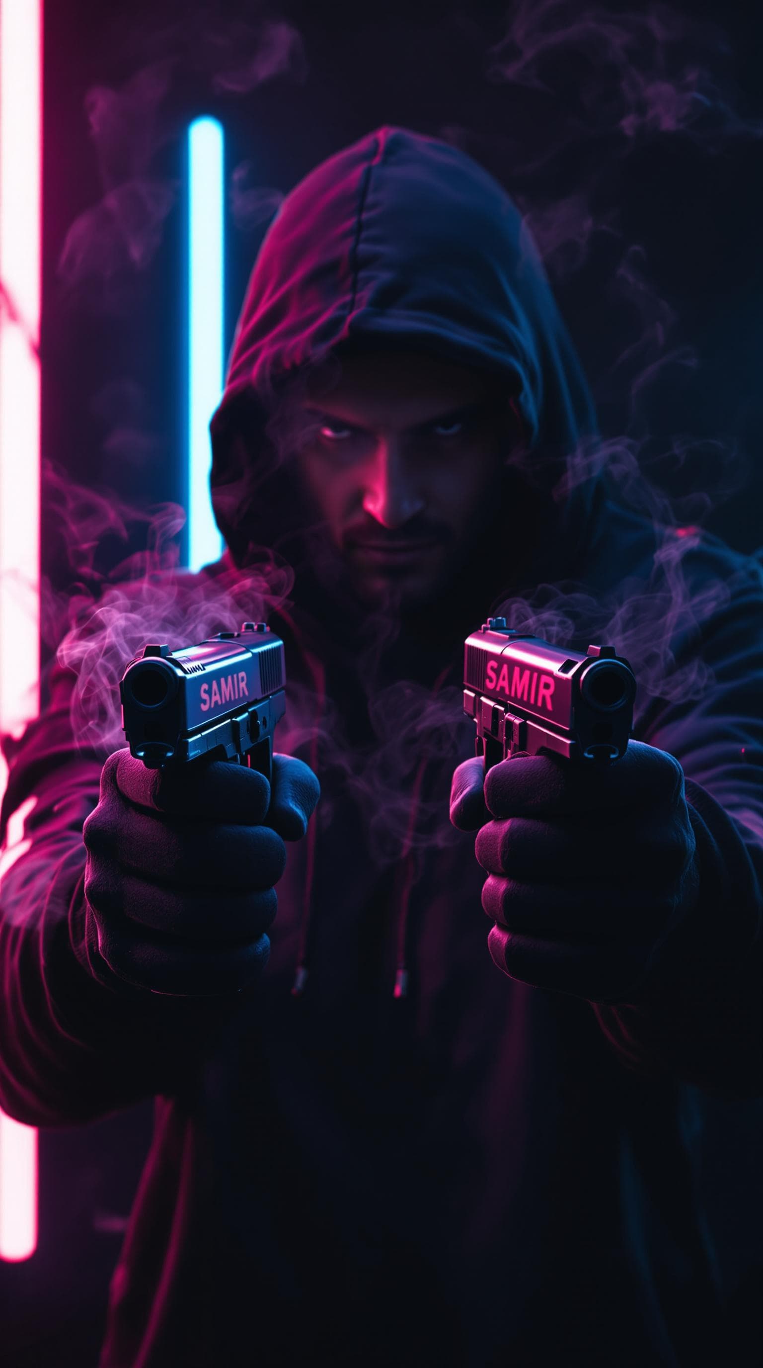 AI generated: dark with RGB neon lights background, BrutAL man wearing hoody, holding dual 9mm handguns, "SAMIR" w...