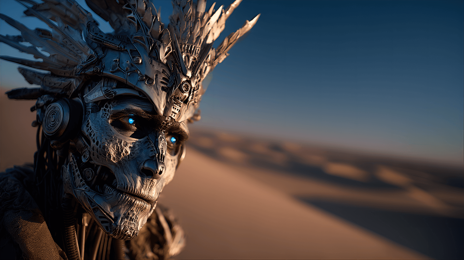 AI generated: biomechanical warrior, cinematic, metallic exoskeleton fused with organic tissue, intricate silver h...