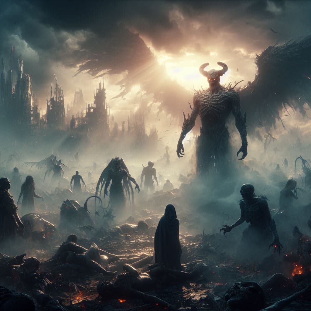 AI generated: the end of the world, jugdement day, epic battle between demons and angels on earth, destroyed lands...