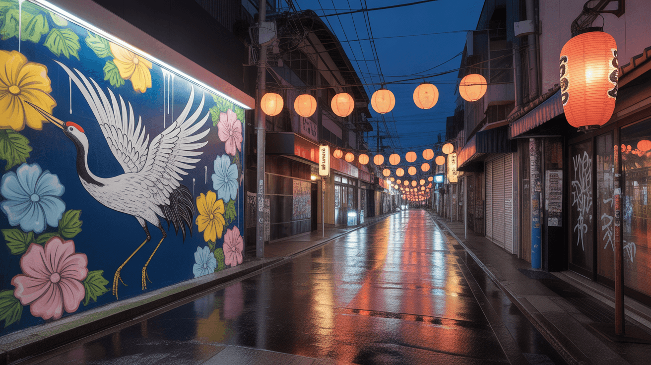 AI generated:  well-lit street scene mural with a japanese crane painting and colorful flowers and lanterns  light...