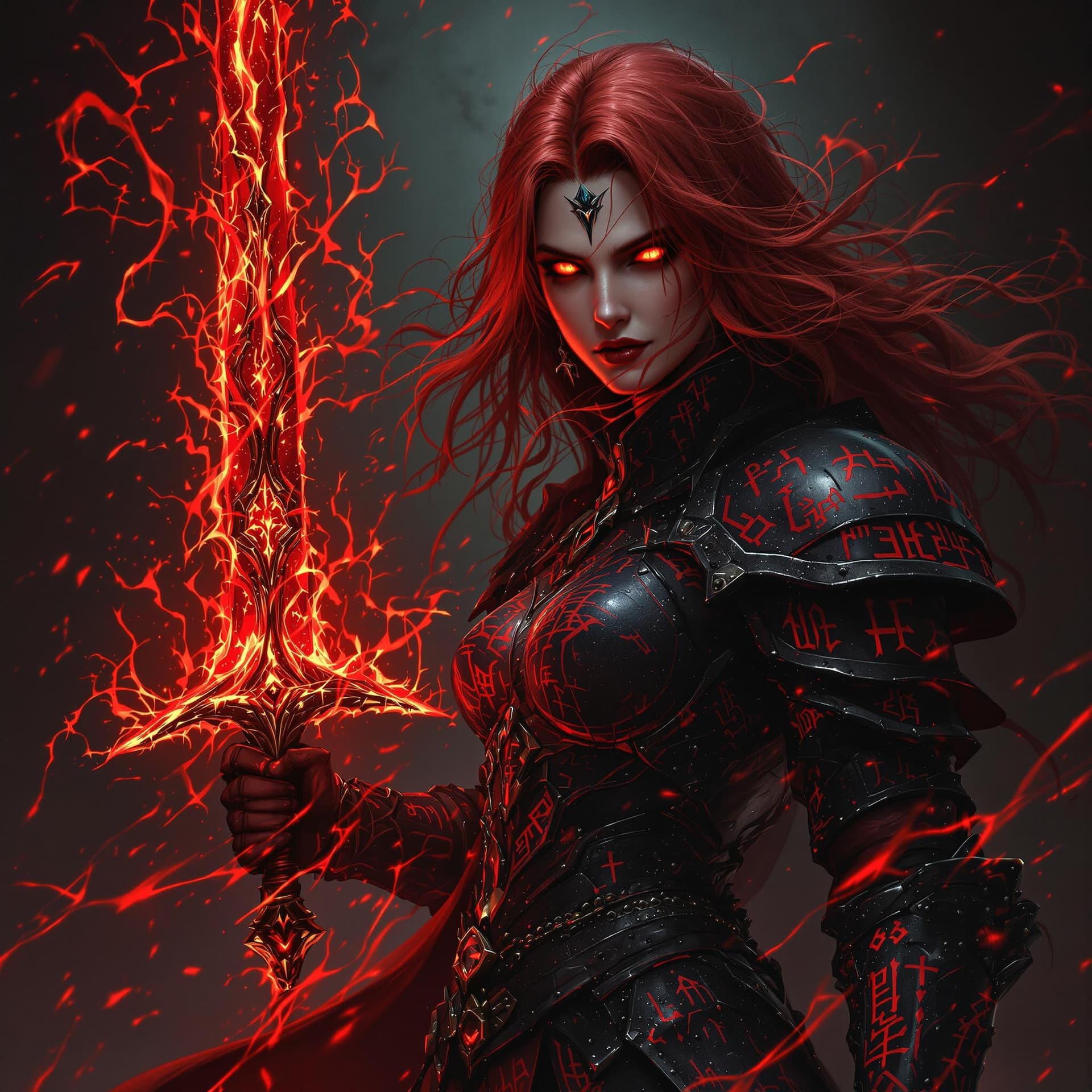 AI generated: A crimson-haired sorceress stands before me, her fiery locks and blazing eyes piercing through the d...