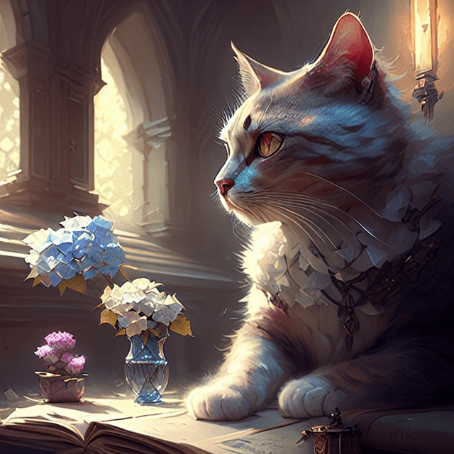 AI generated: cat sniffing hydrangeas, high fantasy, dramatic lighting, concept art, trending on artstation, devia...