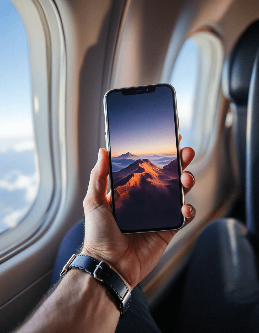 AI generated: First person POV, the hand of a man sitting in a plane, holding a silvery iPhone 14, 
