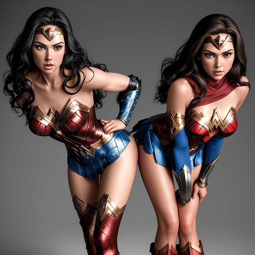 AI generated: Both Wonder woman and super girl bending down showing back skirt,  smooth ,high boots, mini skirt , ...