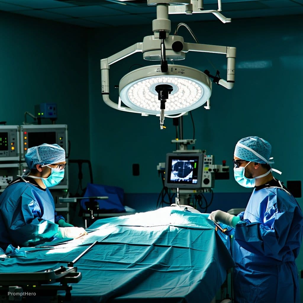 AI generated: an operating room for Ille legal human organ trafficking that is dimly lit, showing an overhead OR l...