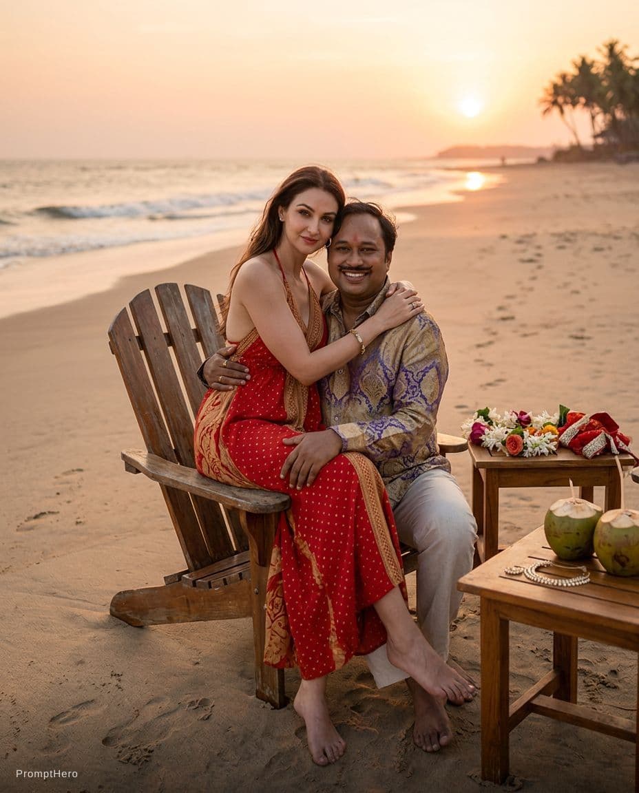 AI generated: Make them at a beach sitting in a single chair with the girl sitting on the boys lap