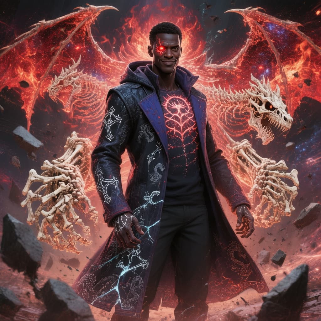 AI generated: An African American male, average height and build, standing calmly amid a fractured cosmic battlefi...