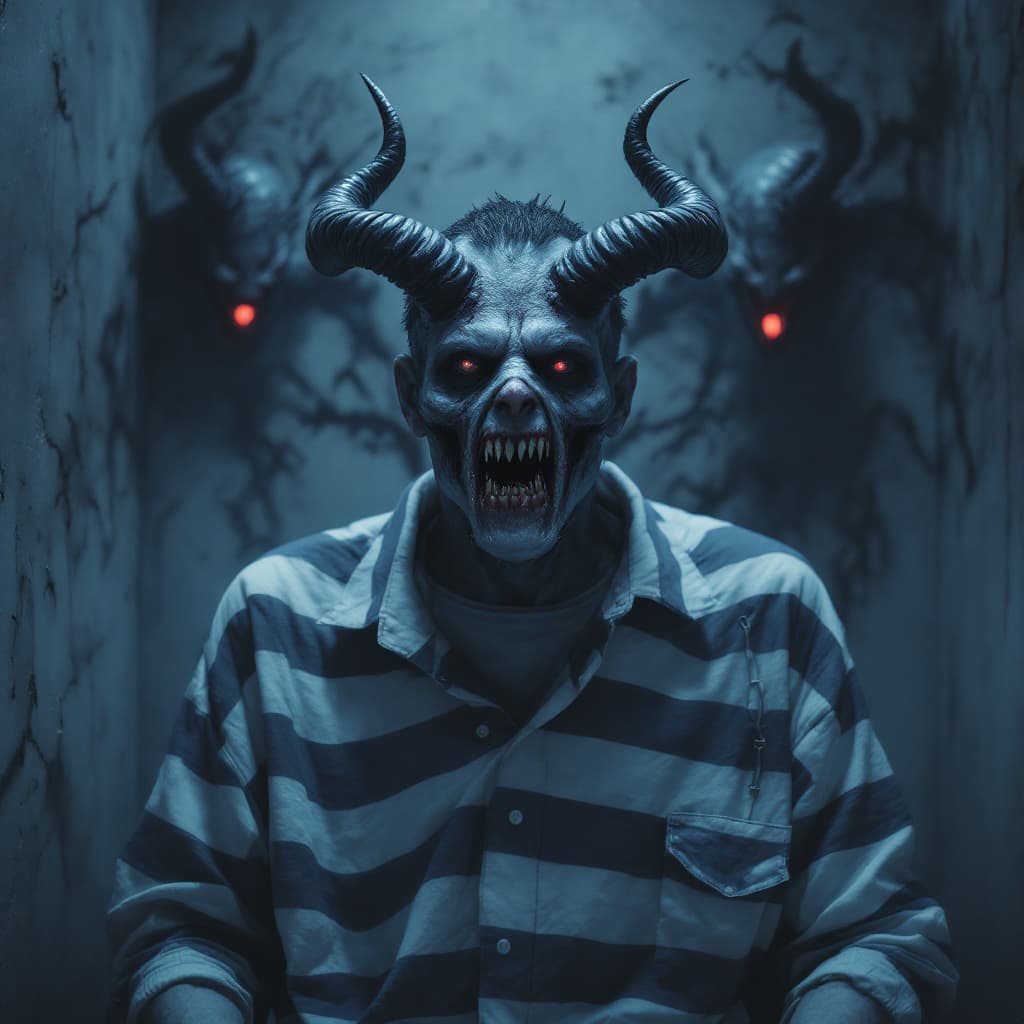 AI generated: close-up portrait of a insane man in straight jacket locked in a padded room.  demons coming from th...