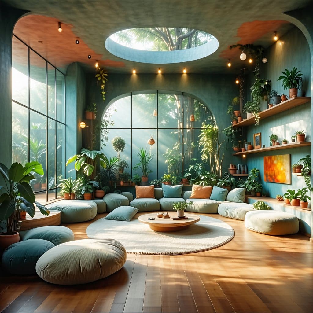 AI generated: High resolution photography interior design, dreamy sunken living room conversation pit, wooden floo...
