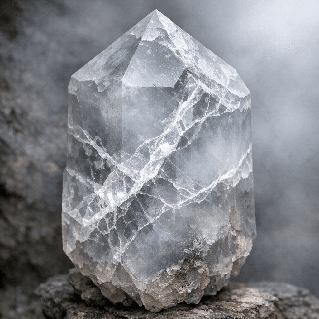 AI generated: A Foggy crystal with veins of clear quartz running through it 