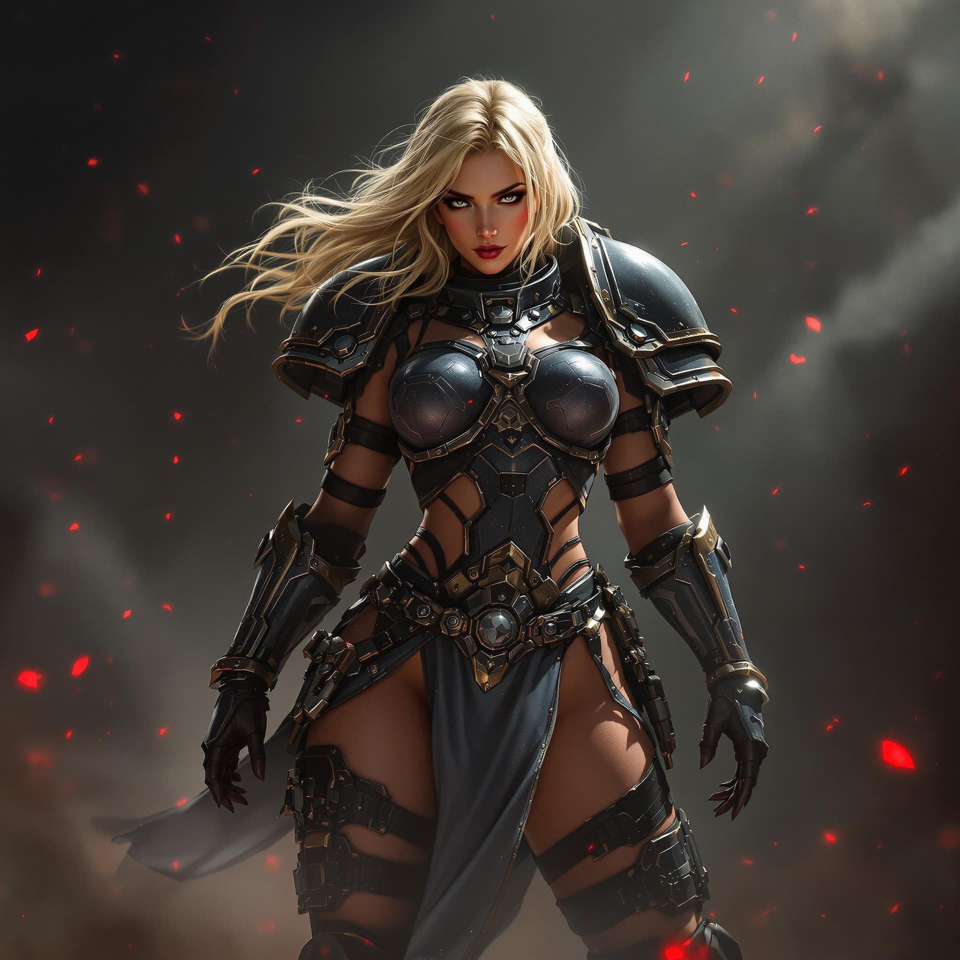 AI generated: dynamic angle, full body view, realistic, female space marine, blonde hair, armored, pelvic curtain,...