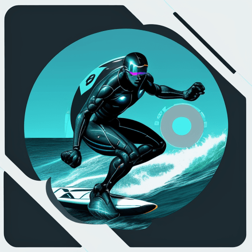 AI generated: sci-fi realistic art style, a square cyborg icon of a futuristic wave surfer surfing out from the ce...