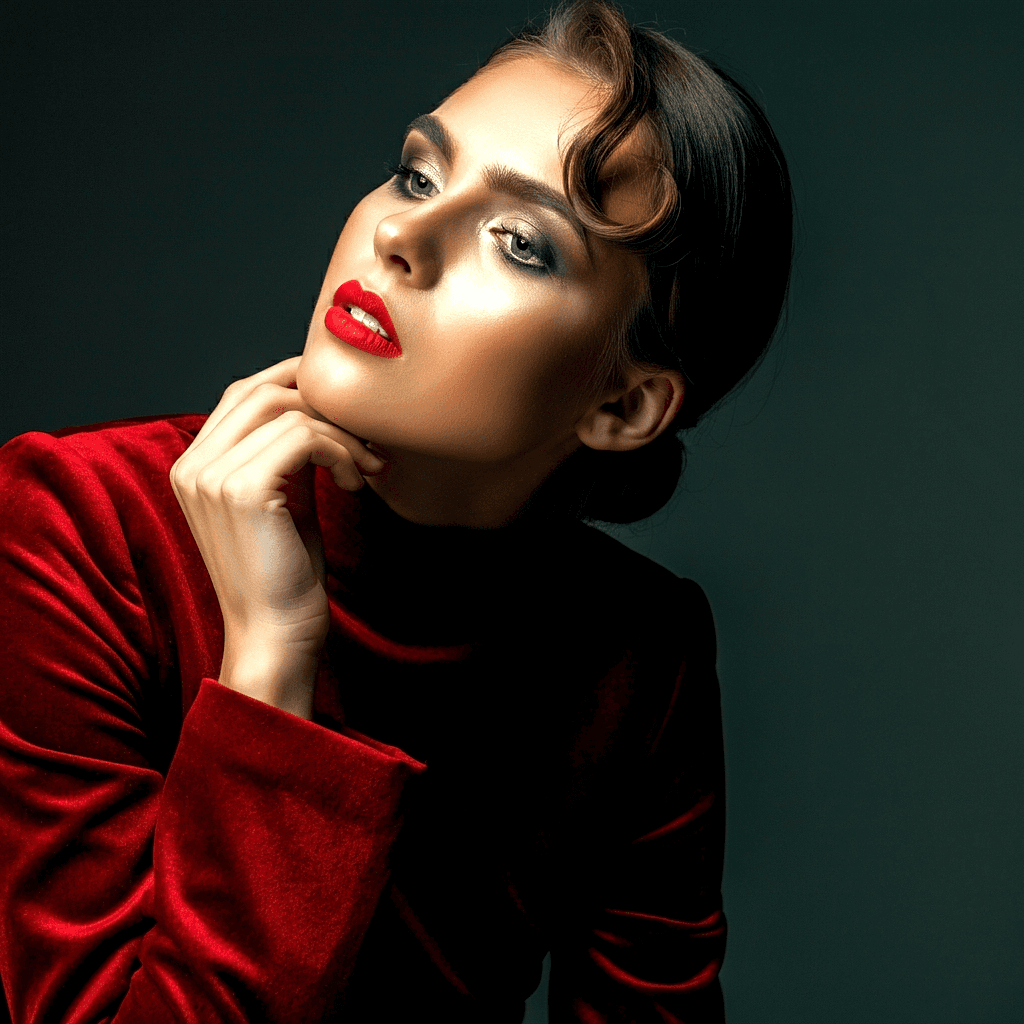 AI generated: A portrait of a young woman with dark hair styled in a sleek updo. She is wearing a red velvet top w...