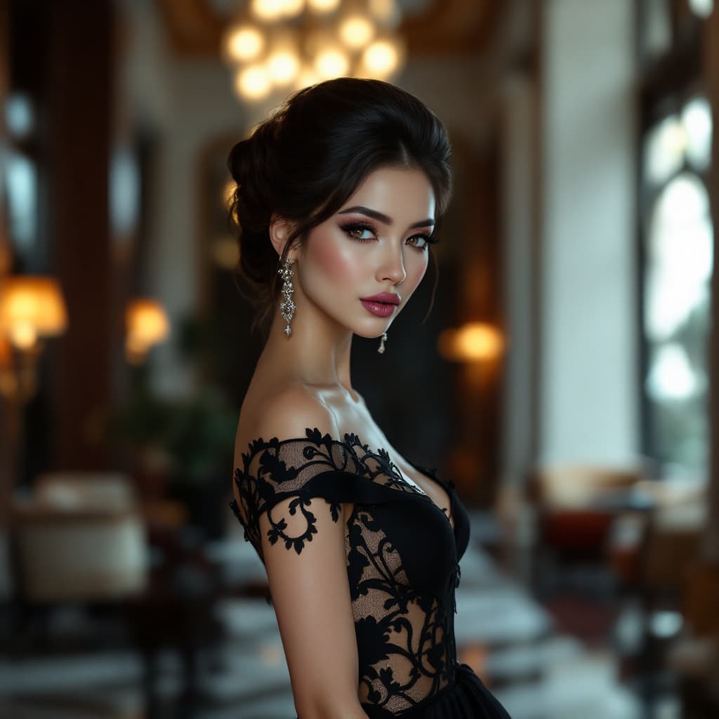 AI generated: 1990s USA soap opera, young chic graceful Asian elegantly standing in a luxury hotel lobby. She is d...