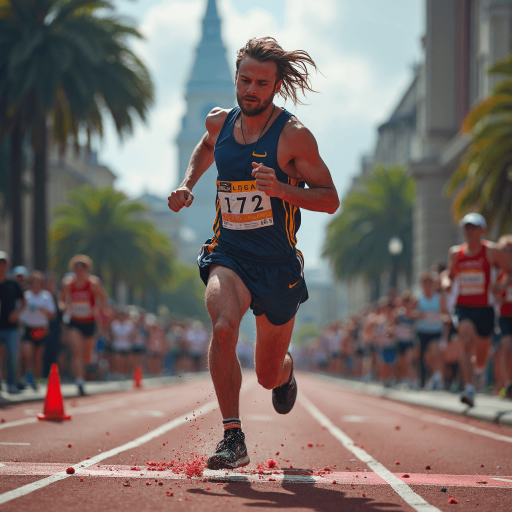 AI generated: a lonely tired runner finishes by tearing the finish line with his body, his jersey number is "172"