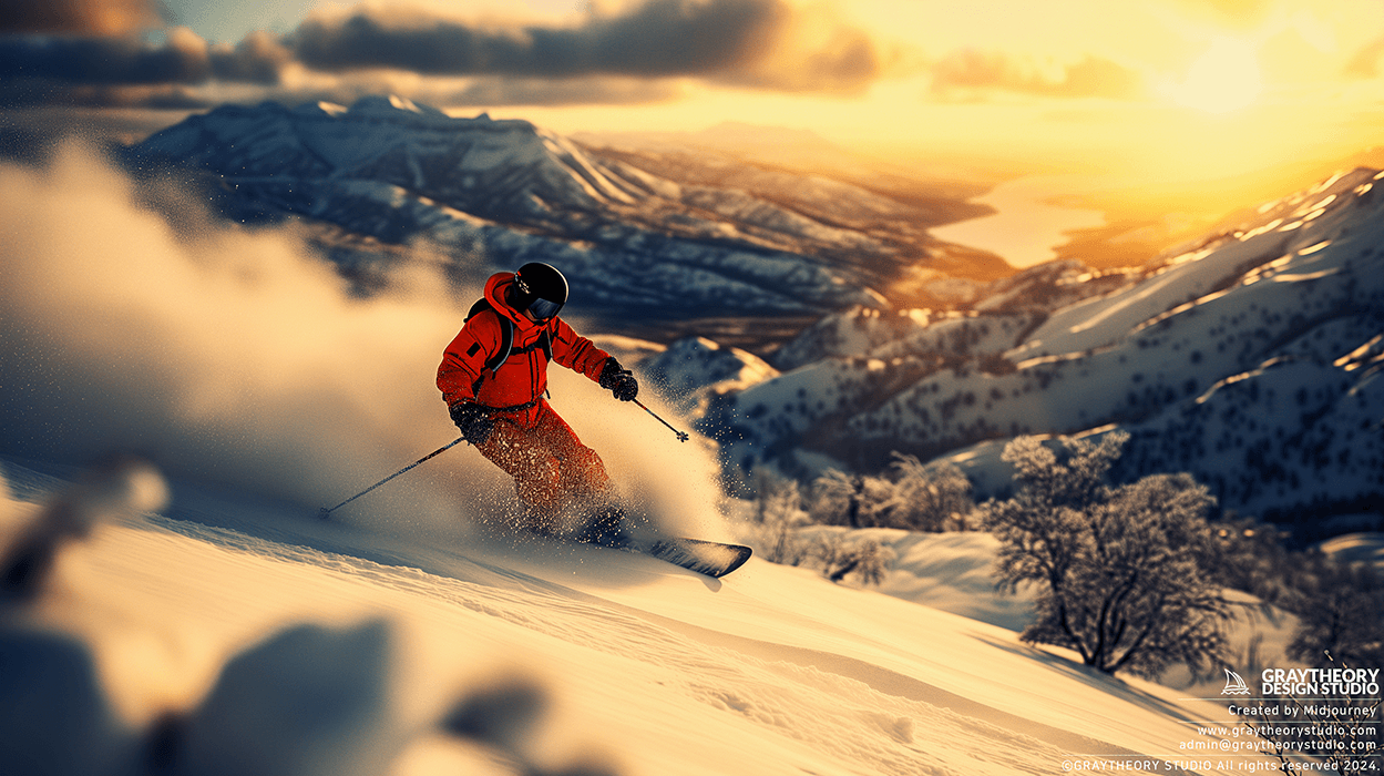 AI generated: photography, action shooting, far range, snowboard park, pro skier, spectacular landscape, Canon EOS...