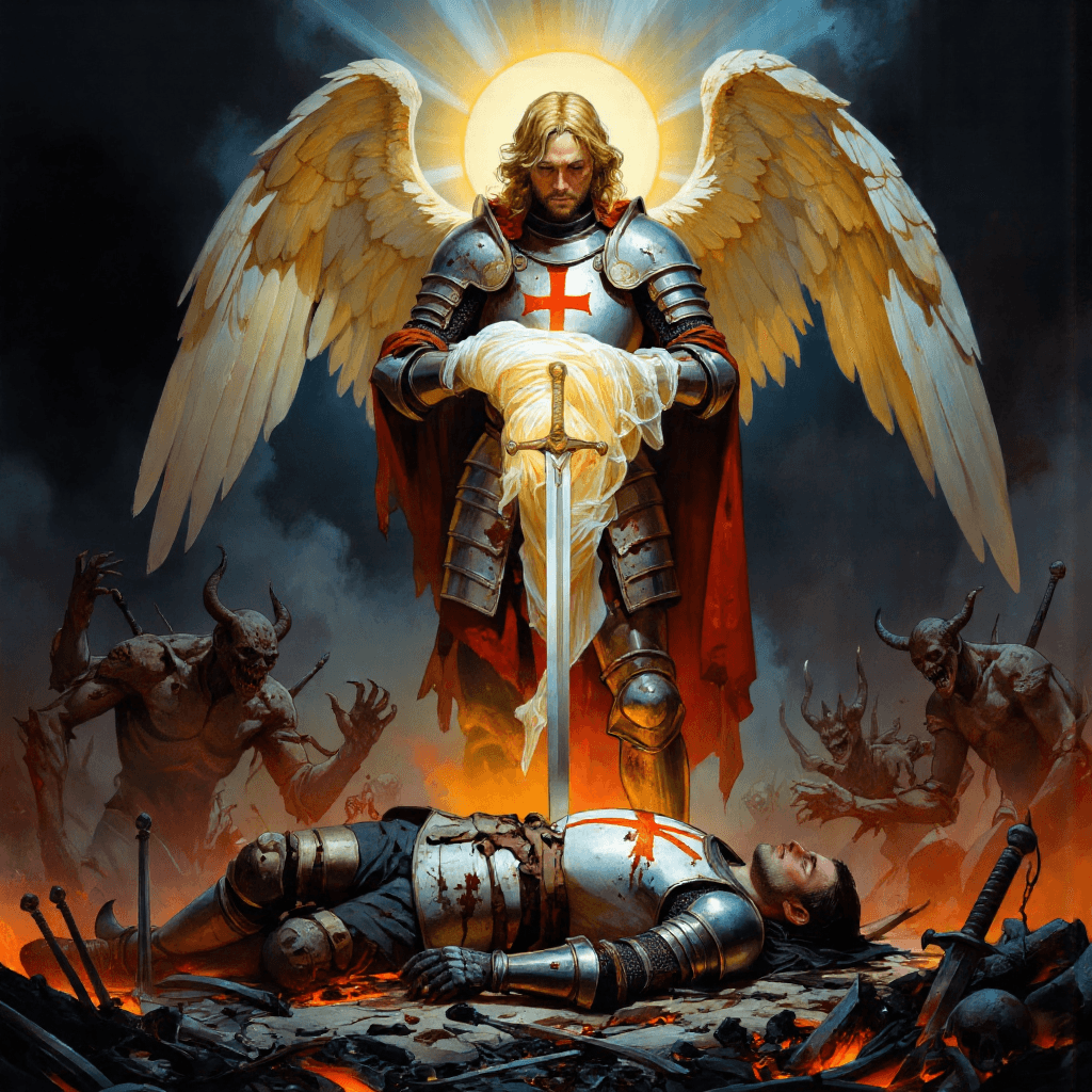 AI generated: A fallen paladin, clad in battered and weathered armor, lies slumped over on a scorched battlefield ...