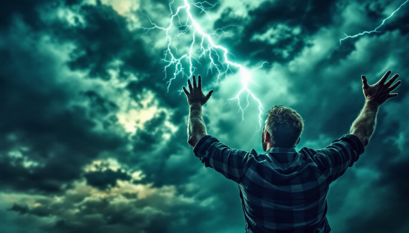 AI generated: An aggressive man shouts at the sky with his hands raised, and the stormy sky strikes the ground wit...