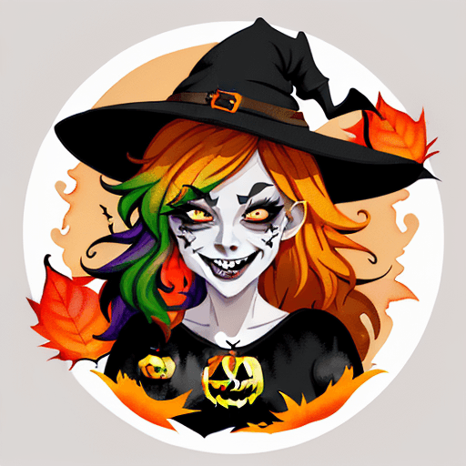 AI generated: autumn iconpack of a charming girl as Halloween witch, random face expressions, random coloring, car...
