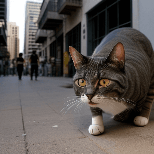 AI generated: el rostro muy cercano de un gato saltando una azotea en la ciudad americana