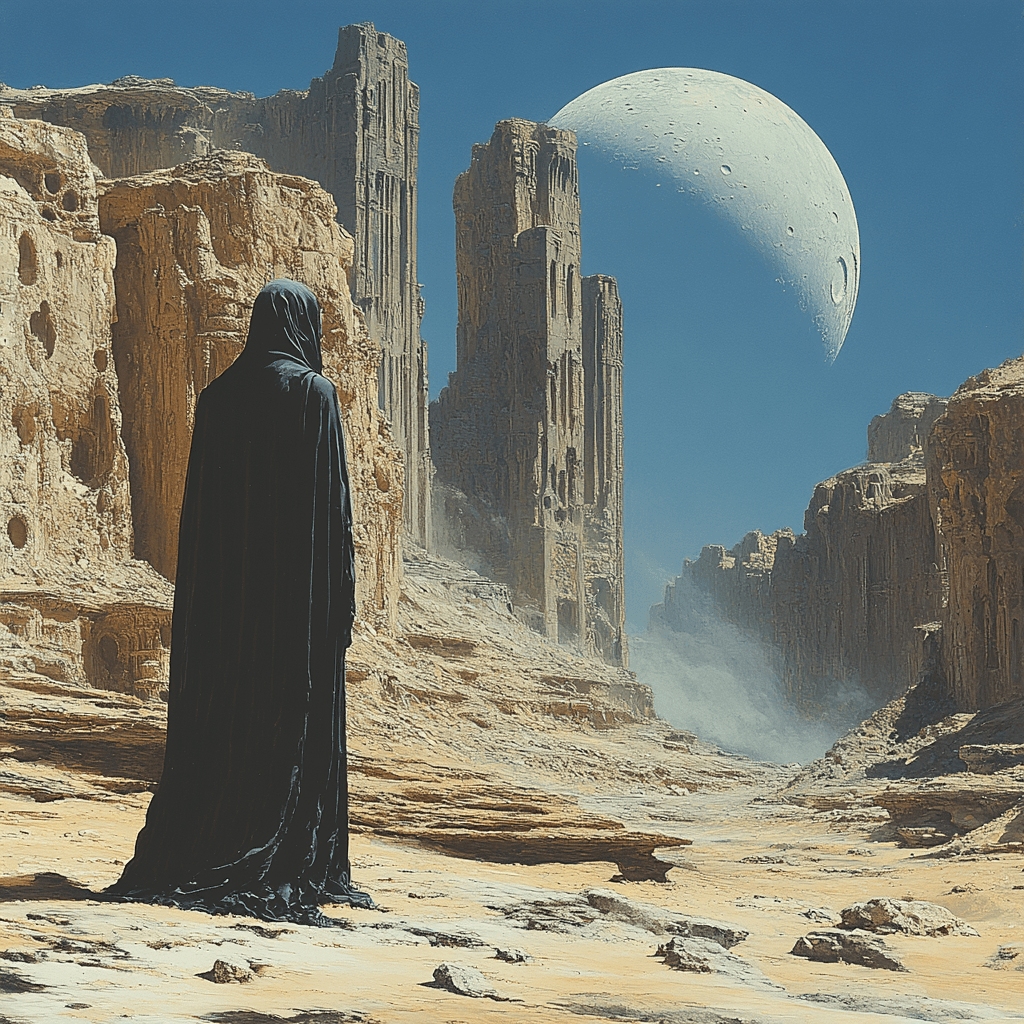AI generated: A man in black futuristic robes stands on an alien planet. Ruins of ancient architecture can be seen...