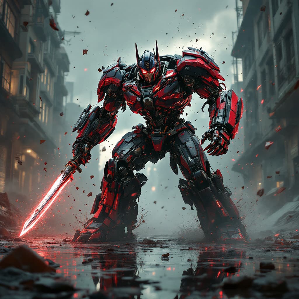 AI generated: painting style, urbanpunk, low angle shot, a cybernetic samurai Optimus Prime in a post-apocalyptic ...