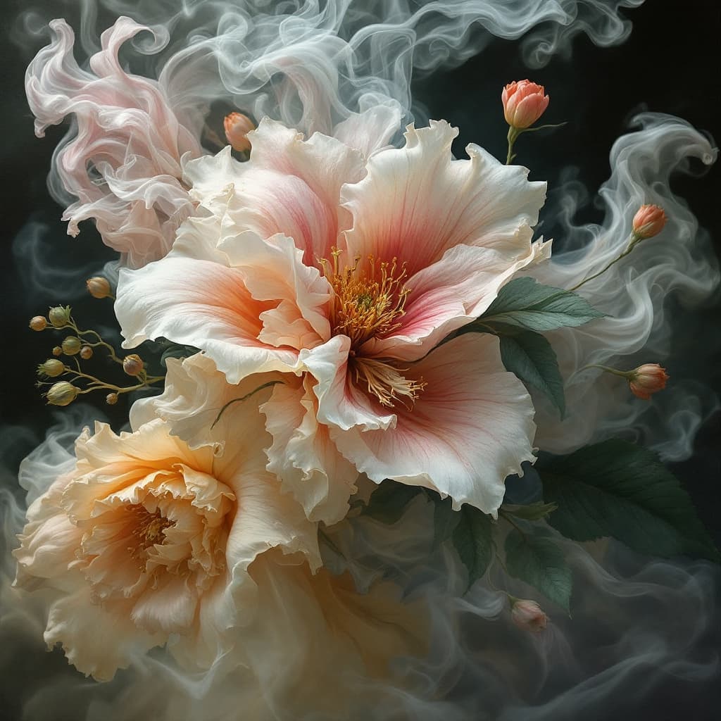 AI generated: 16 th century tropical flower boquet opening, liquid smoke fractals, elegant botany, dynamic movemen...