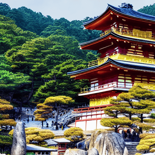 AI generated: kinkakuji shrine kyoto, walking tour japan, in the style of hinchel, villagecore, hyperrealistic pho...