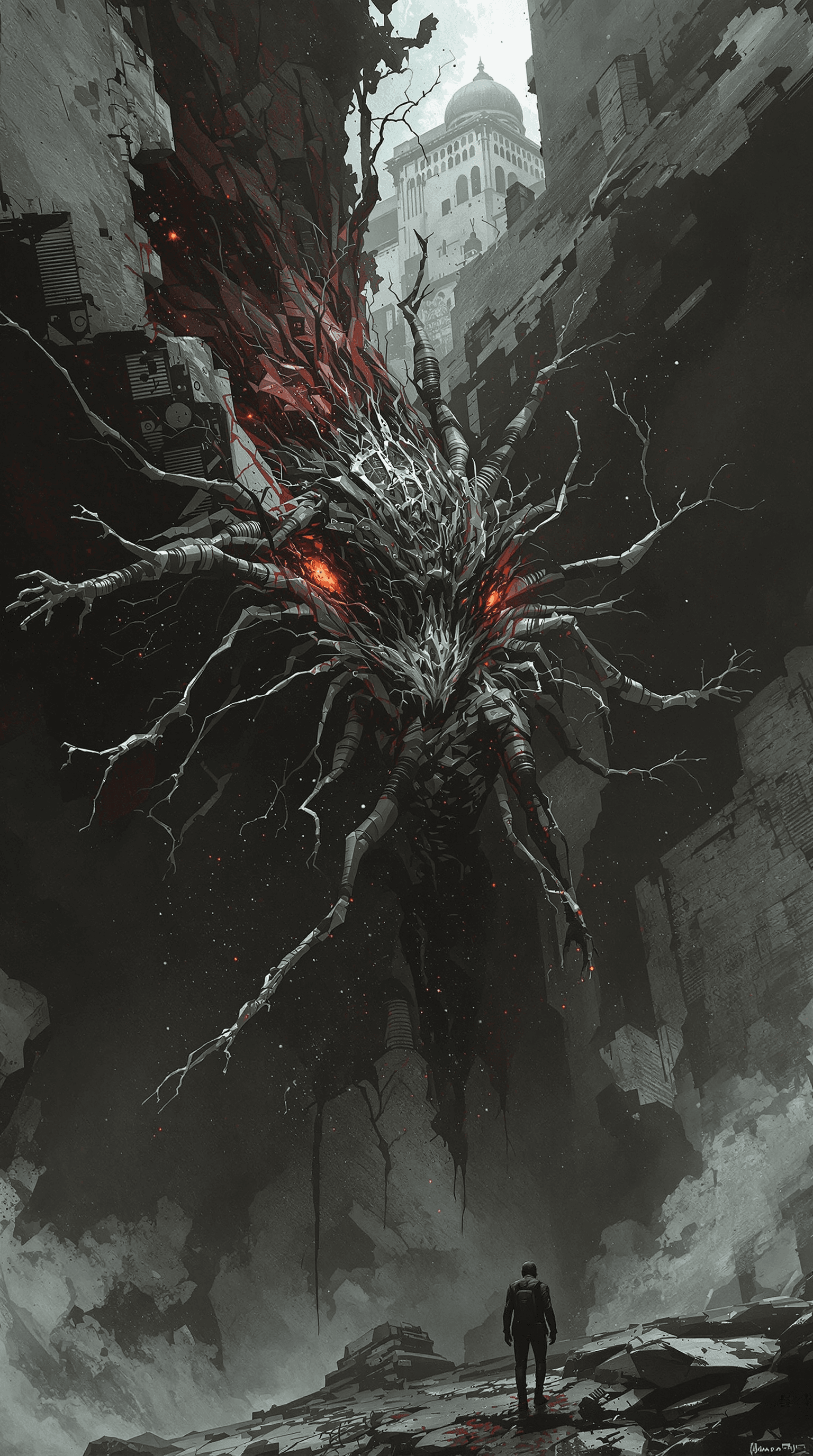 AI generated: create a disturbing futuristic dystopian image (in the style of the artist Joao Ruas:1.9).