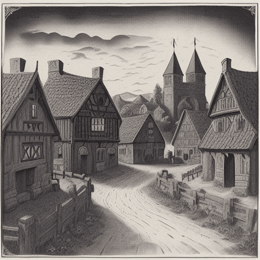 AI generated: A vintage medieval village illustration, hand drawn in an old school style, with deep black ink on w...